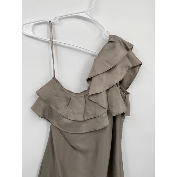 Banana Republic One Shoulder Tan Ruffle Dress 100% Silk Size 4P 4 Petite - Picture 2 of 11